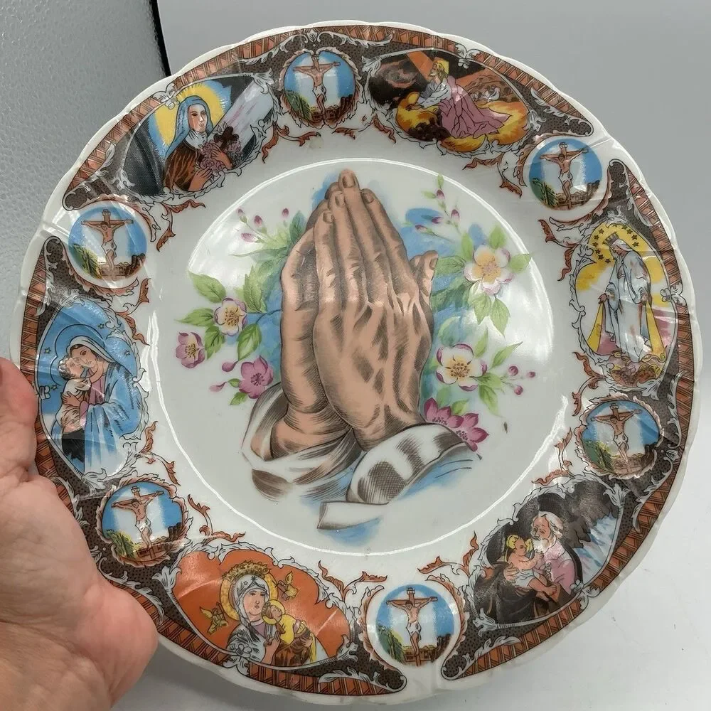 Vintage Japan Catholic Praying Hands Religious Decorative Plate Saints